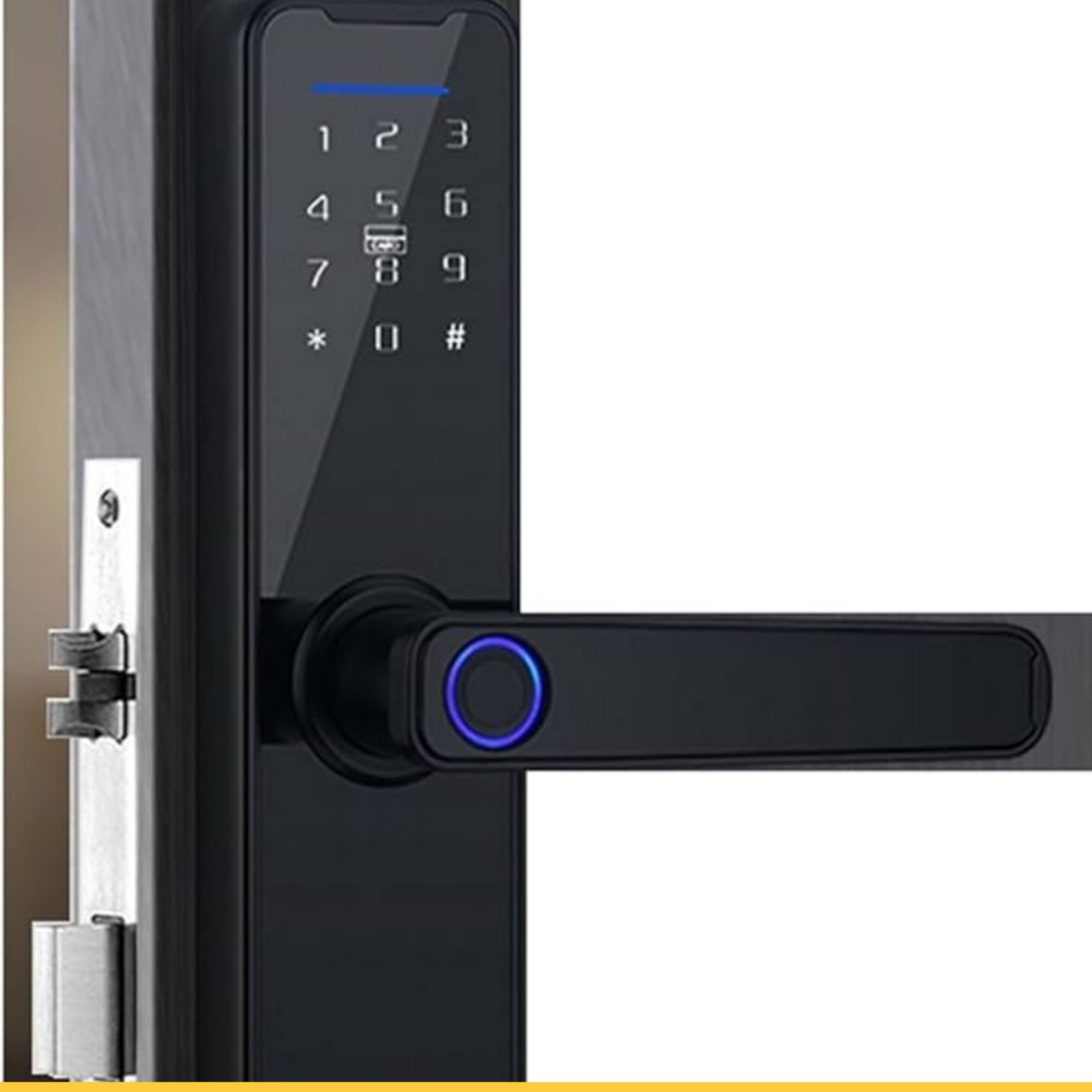 Poignée connectée Tuya empreinte digitale code PIN sur porte d'entrée. Clavier tactile anti-espionnage poignée Tuya Smart IP65 Pilotage vocal Amazon Alexa poignée connectée Tuya Smart